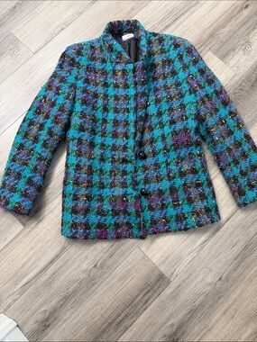 Vintage-Inspired Women's Tweed Jacket in Teal & Black